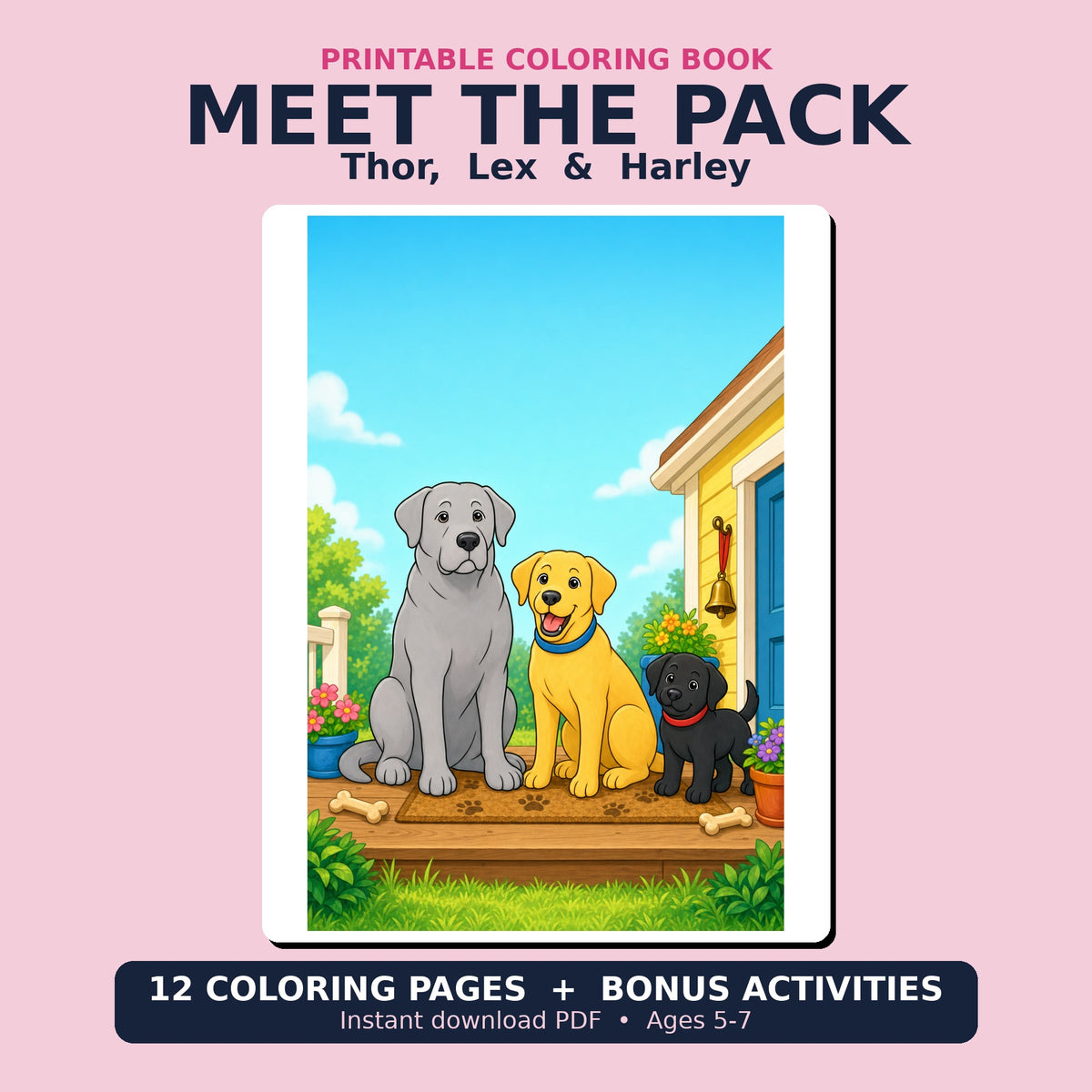 Meet the Pack printable dog coloring and activity book starring Thor, Lex and Harley