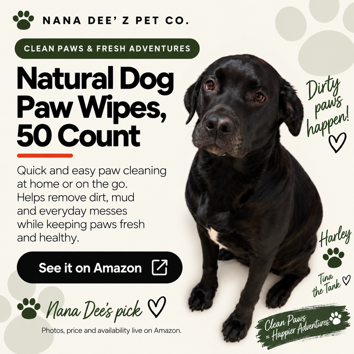 Natural dog paw wipes with coconut oil, 50 count