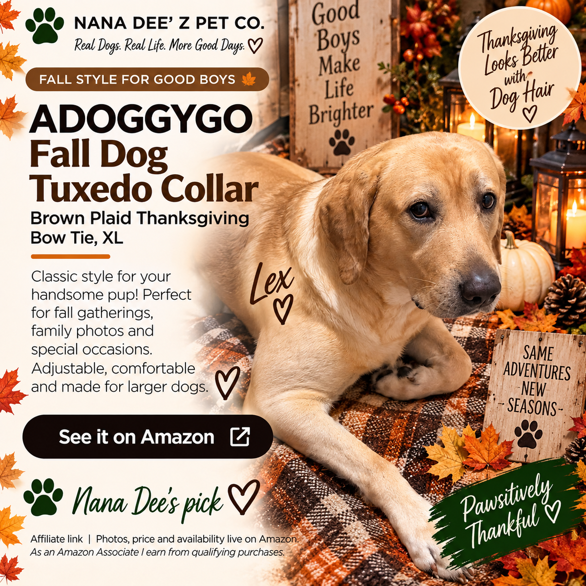 Brown plaid Thanksgiving dog bow tie collar